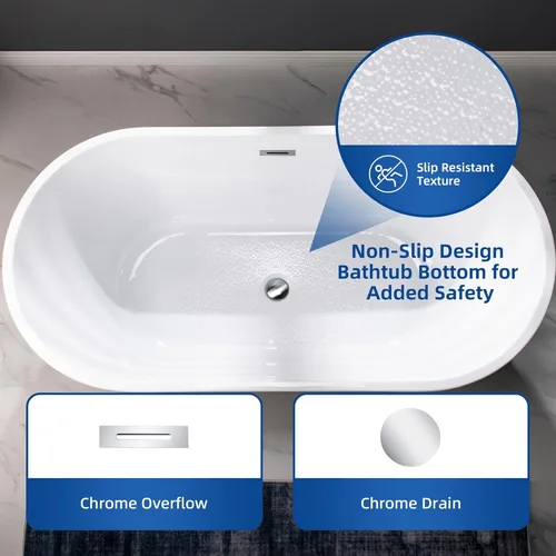 Miniatura 6 de WOODBRIDGE Bañera de Acrílico Independiente Contemporánea para Remojo con Rebosadero y Desagüe, BTA1514-C, Blanco, 59" Cromado 59" Cromo