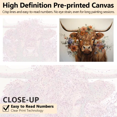 Miniatura 3 de TUMOVO Pintura de vaca de las tierras altas por números para adultos principiantes, pintura de flores por números, kits de pintura para niños