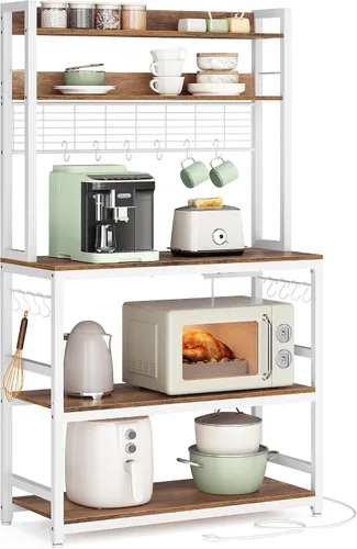 Miniatura 9 de VASAGLE Estante de panadería con toma de corriente, soporte para microondas, estante de almacenamiento alto de cocina, con panel de alambre