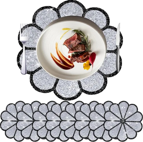 Miniatura 41 de Juego de 1 mantel individual redondo en negro, manteles individuales brillantes resistentes al calor, lavables, para cena, cocina, boda, decorativos