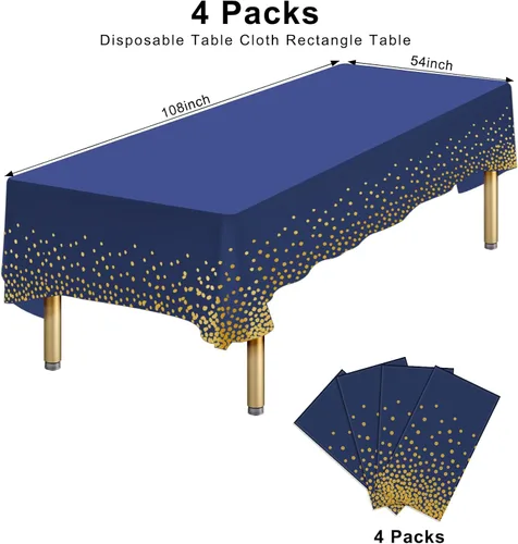 Miniatura 2 de Paquete de 4 manteles de plástico desechables azules y dorados para mesa rectangular, manteles desechables de 54 x 108 pulgadas, manteles