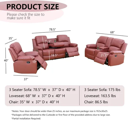 Miniatura 2 de Juego de sala de Estar reclinable de 3 piezas, juego de sofá reclinable Manual para conjunto de muebles de sala de Estar, con consola de Rojo