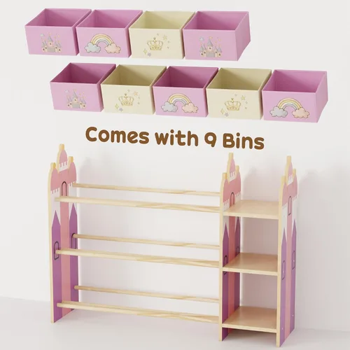 Miniatura 7 de Organizador de almacenamiento de juguetes con 3 estantes y 9 contenedores, estantería de castillo rosa y estantería para niños, estante de juguetes
