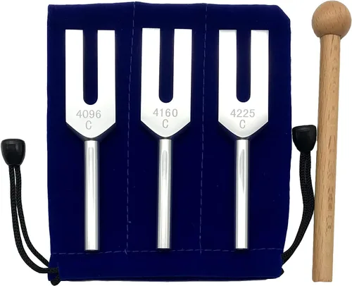 Juego de diapasones de ángel 4096 Hz 4160 Hz 4225 Hz para limpieza de cristales, sintonizadores de ángel, martillo de madera y bolsa de terciopelo,