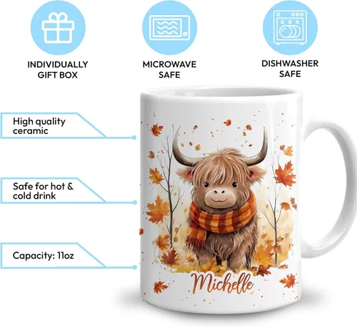 Miniatura 3 de Hyturtle Taza de Café Personalizada de Vaca Highland de Otoño con Hojas de Arce - Regalos de Cumpleaños para Amantes de las Vacas - Regalos de Fall