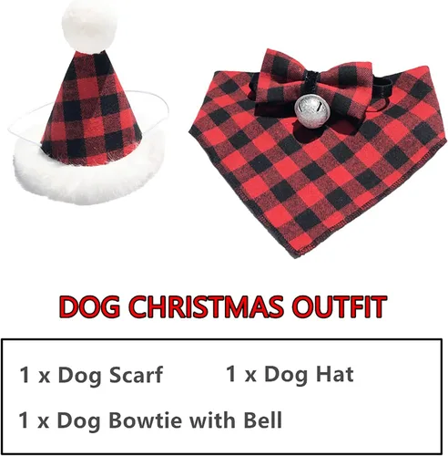 Miniatura 3 de ADOGGYGO Juego de bandana de Navidad para perro, sombrero y pajarita, clásica a cuadros rojos, bufanda de Navidad para mascotas, disfraz de Navidad