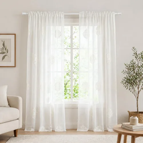 Miniatura 2 de VOGOL Cortinas traslúcidas de 84 pulgadas de largo, cortinas traslúcidas blancas con bordado floral europeo para sala de estar, comedor, bolsillo