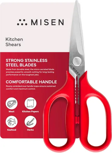 Misen Tijeras de cocina resistentes, cómodas tijeras ambidiestras para carne, aves, hierbas y más, fáciles de limpiar, acero inoxidable alemán, Rojo