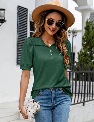 Miniatura 3 de LOMON Camisas polo para mujer, con cuello en V, manga corta, cuello en V, holgadas