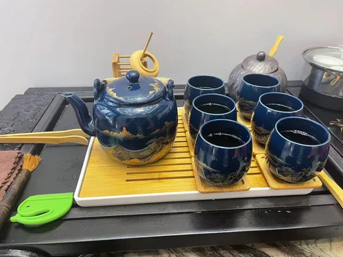 Miniatura 3 de Juego de té japonés, juego de té esmaltado negro en caja de regalo con 1 tetera, 1 colador de té, 1 bandeja de té y 6 tazas de té. Juego de té ideal