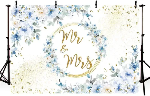 Miniatura 2 de MEHOFOND Telón de fondo floral azul de 7 x 5 pies para decoración de fiesta de compromiso para parejas, bodas, puntos dorados con purpurina, fondo
