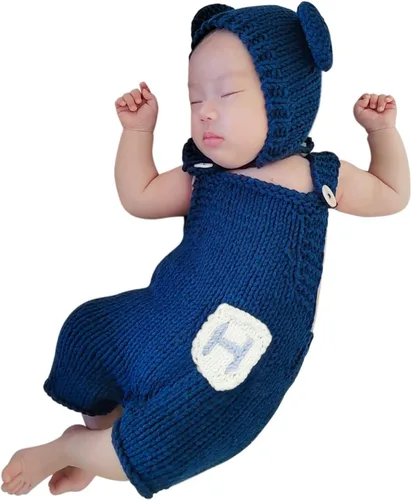 Miniatura 20 de Traje de oso de fotografía para recién nacido, traje de ganchillo para sesión de fotos de bebé, mameluco de punto para niño y niña
