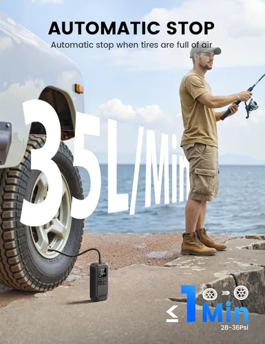 Miniatura 2 de Lamicall Compresor inalámbrico para inflador de neumáticos, batería de alta capacidad de 6000 mAh, bomba de aire eléctrica de 145 PSI con manómetro