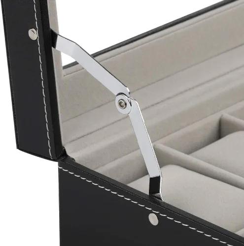 Miniatura 5 de JS NOVA JUNS Caja de reloj, 24 ranuras para hombre, organizador de relojes con cerradura y tapa acrílica grande, piel sintética negra