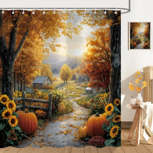 Cortina de ducha de otoño, decoración de baño de árbol de calabaza, 72 x 72 pulgadas, tela de poliéster, cortina de baño impermeable con 12 ganchos