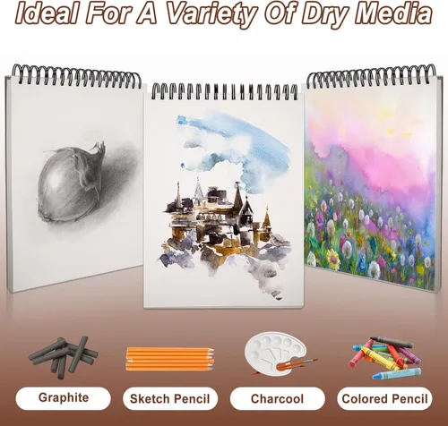 Miniatura 6 de TKOOFN Paquete de 5 cuadernos de bocetos de 9 x 12 pulgadas a granel (500 hojas en total), blocs de dibujo premium encuadernados en espiral superior