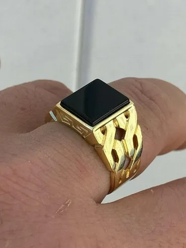 Miniatura 3 de Anillo de oro de 14 quilates sobre plata de ley 925 maciza real, anillo de ónix negro natural, anillo rectangular de hip hop, precioso anillo