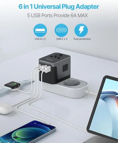 Miniatura 4 de VINTAR - Adaptador de viaje universal, adaptador de corriente internacional con 6A, 3 USB C y 2 puertos USB, adaptador de enchufe esencial de viaje