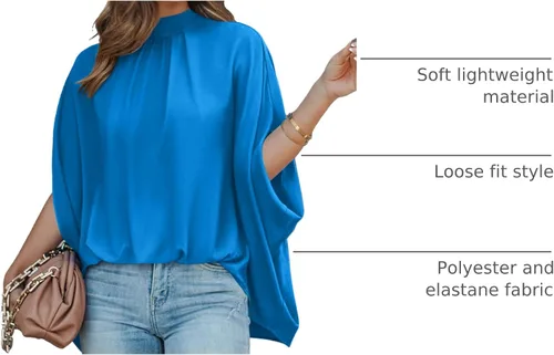 Miniatura 80 de BTFBM Blusas de verano para mujer, cuello alto falso, manga murciélago, holgadas, dobladillo alto y bajo, blusas informales de gran