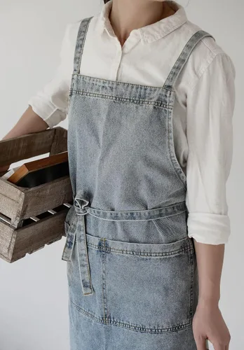 Miniatura 42 de Jeelow Delantal de cocina de algodón o sarga de algodón para hombres y mujeres, ajustable con bolsillos ajustables
