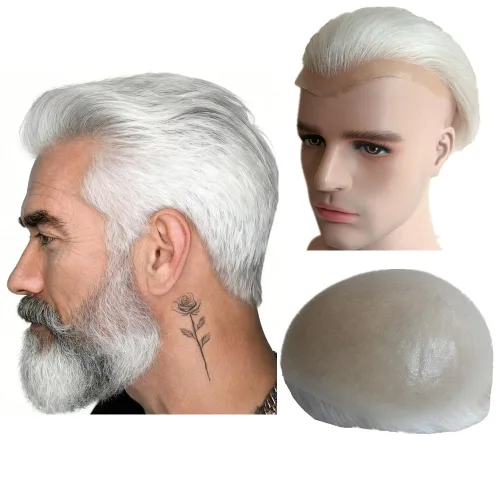 Miniatura 15 de N.L.W. Peluquín de cabello humano para hombres, base de piel fina de 0.04mm PU, tamaño base 25 x 20 cm, nudos en V, prótesis capilar, sistema