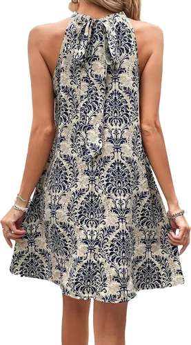 Miniatura 2 de WDIRARA Vestido de mujer con estampado bohemio, dobladillo acampanado, sin mangas, con lazo en la espalda, con cinturón
