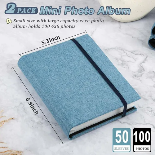 Miniatura 2 de Paquete de 2 álbumes de fotos de 4 x 6, mini álbum de fotos pequeño de 4 x 6 pulgadas, 100 bolsillos para libro de fotos, mini libro de fotos, Azul