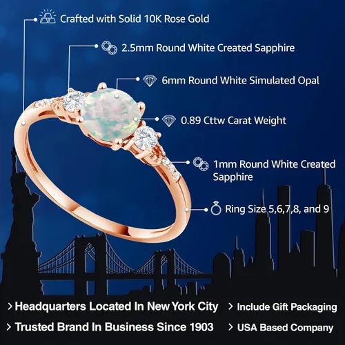 Miniatura 71 de Gem Stone King Anillo de compromiso de 3 piedras preciosas redondas de oro rosa de 10 quilates, 0.236 in, piedra natal, zafiro blanco y diamante