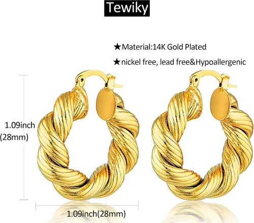 Miniatura 83 de Aretes de aro gruesos de oro para mujer, chapados en oro de 14 quilates, aretes de aro triple, hipoalergénicos, a la moda, aretes de aro gruesos
