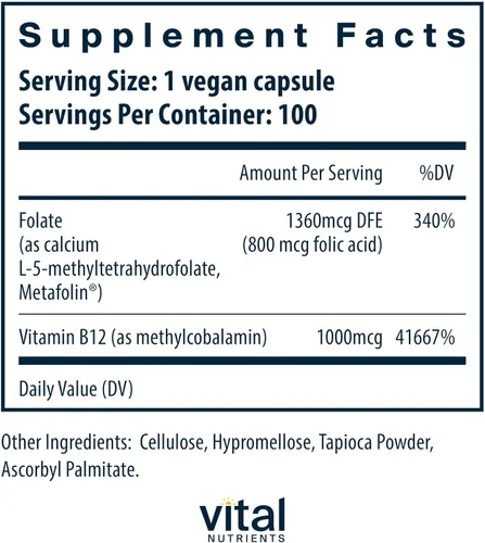 Miniatura 2 de Vital Nutrients Vitamina B12 y folato de metilo - Suplemento vegano de folato metilado y B12 - 5-MTHF Plus B12 apoya el sistema nervioso