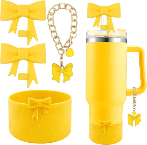 Miniatura 35 de Conjunto de accesorios para taza Hpebl para Stanley, incluye 2 tapas de pajita con moño lindo de 10 mm, tapones reutilizables para pajita, 1 funda