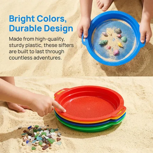 Miniatura 6 de Paquete de 8 tamices de arena para niños, juguetes de playa, 9.75 x 8.75 pulgadas, colador de arena de plástico para jardinería, excavación