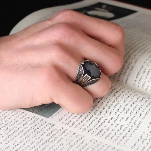 Miniatura 4 de 925 Sterling Silver Men Silver Ring with Sapphire GemStone, Handmade Engraved Silver Ring, Gift for him, Minimalist Silver Ring