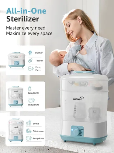 Miniatura 3 de Grownsy Esterilizador y secador de biberones ajustable 4 en 1 de gran capacidad, capacidad para 8 biberones, esterilizador eléctrico de vapor