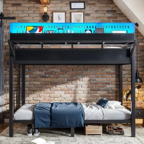 Miniatura 3 de Bellemave Twin XL Bunk Bed Frame with Storage Shelves & Pegboard, Metal Bunk Bed Twin XL with USB Ports & LED Lights, Space-Saving for Bedroom
