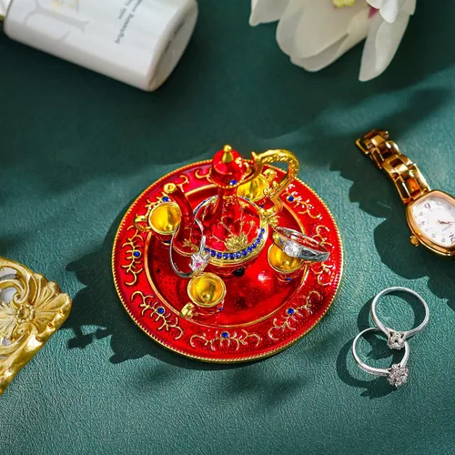Miniatura 5 de YU FENG Juego de tetera marroquí, caja de joyería con bisagras pintadas a mano, esmalte atesorado, joyero coleccionable, soporte para anillo