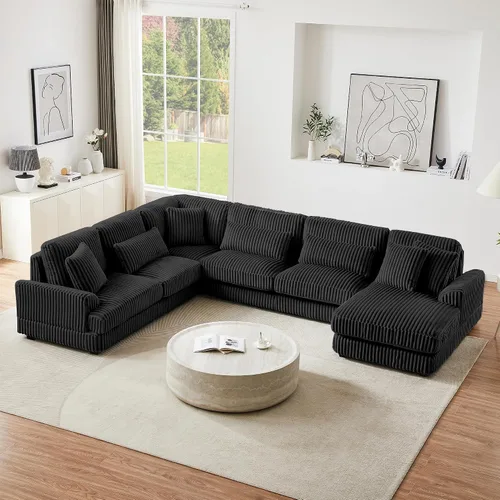 Miniatura 9 de Sofá modular de gran tamaño, moderno en forma de U, tapizado en pana suave con una tumbona para sala de estar