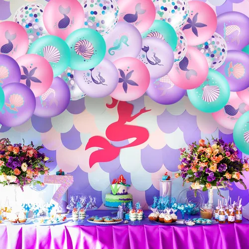 Miniatura 5 de Zomiboo Juego de 36 globos de sirena de 12 pulgadas, globos de confeti de sirena, morado, rosa, verde, verde azulado para niños, princesa, niña