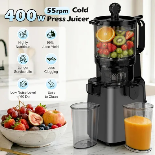 Miniatura 2 de Máquinas exprimidoras con canal de alimentación grande de 5.8 pulgadas, exprimidor de prensa en frío para verduras y frutas enteras de 400 W, Gris