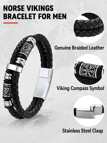 Miniatura 5 de FaithHeart Pulsera vikinga para hombre, pulsera de cuero trenzado de doble fila con cierre de acero inoxidable, brújula vikinga, pulsera vintage