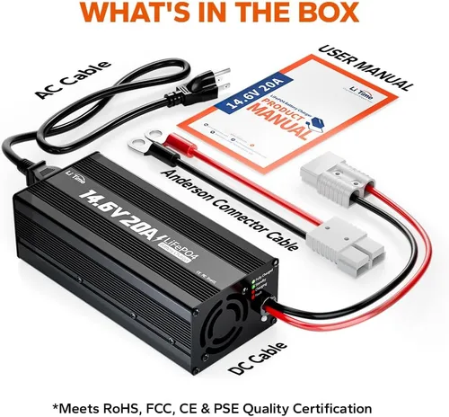 Miniatura 9 de LiTime Cargador de batería de litio de 12 V 20 A, cargador de batería LiFePO4 de 14.6 V, cargador inteligente AC-DC con conector Anderson indicador