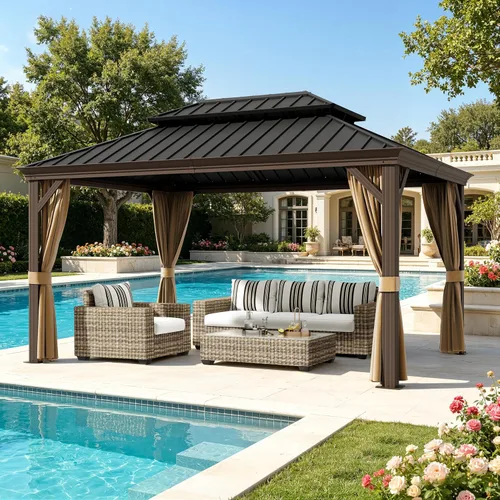 Miniatura 17 de Cenador de techo rígido de 12'x16', Cenador de patio de aluminio para exteriores con toldo de acero galvanizado de doble techo con malla y cortinas