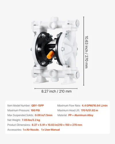 Miniatura 7 de VEVOR Bomba neumática de doble diafragma, 4.4 GPM, bomba neumática de transferencia de aceite residual de entrada y salida de 1-1/2 pulgadas, máximo