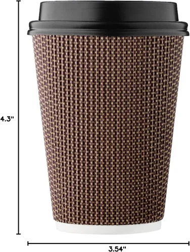 Miniatura 8 de Paquete de 100 tazas de café desechables de 12 onzas, taza de papel de doble pared con tapa con ondulación aislada, diseño geométrico marrón, té