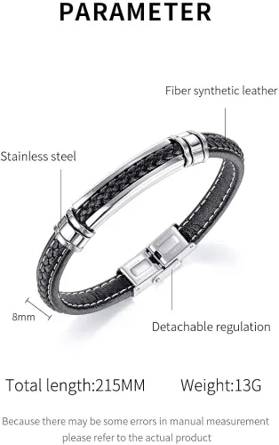 Miniatura 4 de FILOBOKO Pulsera de cuero negro para hombres adolescentes y niños, pulsera de hebilla ajustable de acero inoxidable plateado para hombres, Metal,