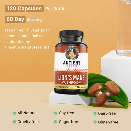Miniatura 6 de Ancient Bliss Suplemento de melena de león (suministro de 2 meses)- 120 cápsulas veganas de hongos, puede apoyar la claridad mental, la energía