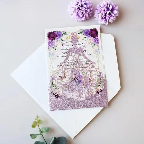 Miniatura 7 de 5.12 x 7.28 pulgadas, kit de 50 invitaciones de quinceañera con purpurina morada, cortadas con láser, huecas, de niña princesa, invitaciones