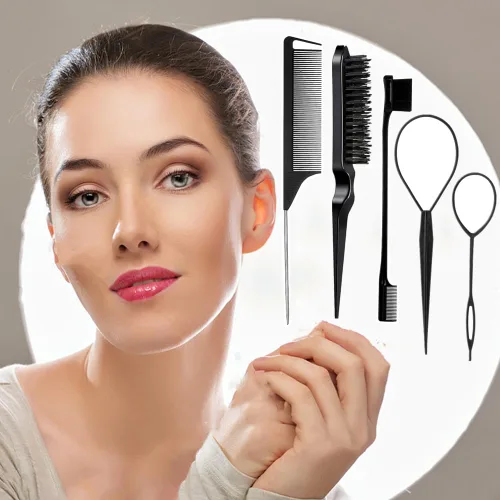 Miniatura 2 de Set de 5 piezas de cepillo para peinar hacia atrás con herramienta Topsy Tail, cerdas para peinar, peine de cola de rata para peinado de cabello