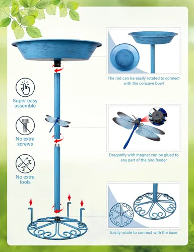 Miniatura 3 de Baños para pájaros para exteriores, 25.5 pulgadas de altura, comedero de pájaros de metal con libélula para decoración de jardín, patio y césped
