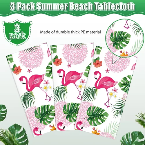 Miniatura 4 de Paquete de 3 manteles de verano con diseño de flamenco para fiestas, mantel de plástico tropical hawaiano, mantel desechable Luau para verano